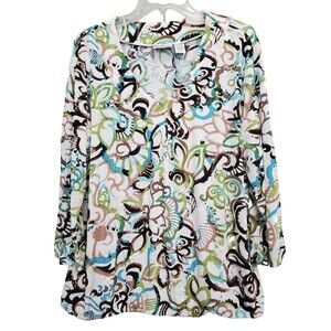 Chico's Travelers Slinky Knit Abstract Print Elastic Hem V-Neck Top Size 3 (XL)